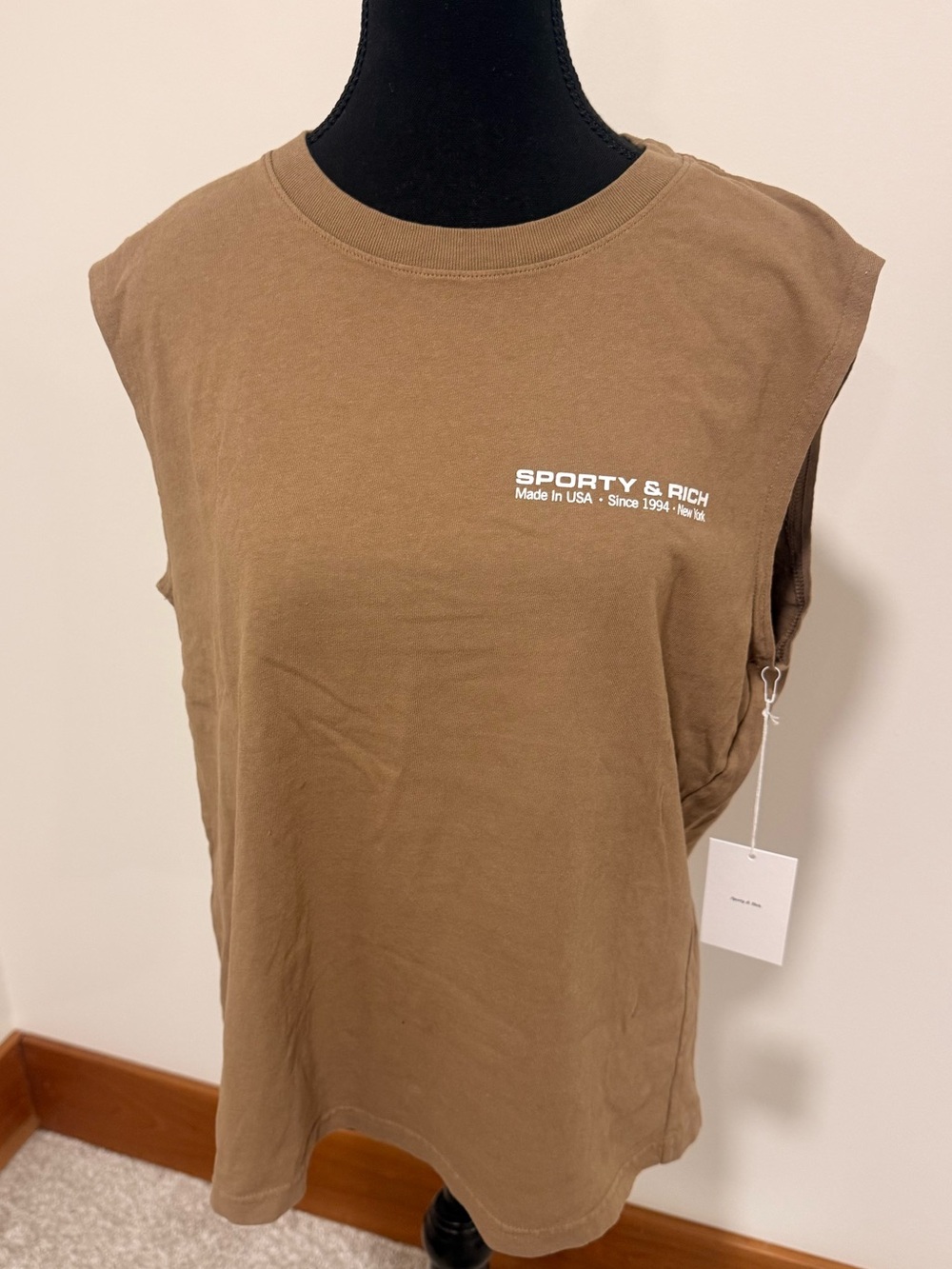 Sporty & Rich Brown Sleeveless Muscle Tee with White Chest Logo